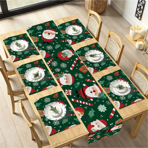 Vista 12 de Juego de manteles individuales y camino de mesa de muñeco de nieve y árbol de Navidad, 7 piezas (1 camino de mesa + 6 manteles individuales), diseño