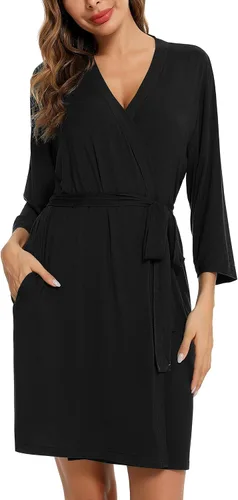 Vista 3 de Samring Bata para mujer, kimono, suave bambú, ropa de dormir, bata de baño de punto corto para mujer, tallas S-XXL