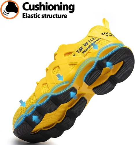 Vista 3 de Kezhiho Tenis de trabajo con punta de acero para hombre y mujer, amarillos, ligeros, transpirables, antideslizantes, construcción indestructible