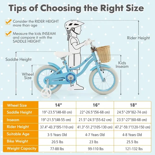 Vista 7 de COSTWAY Bicicleta para niños de 14, 16, 18 pulgadas, con ruedas de entrenamiento, canasta, asiento y manubrio ajustables, frenos de mano