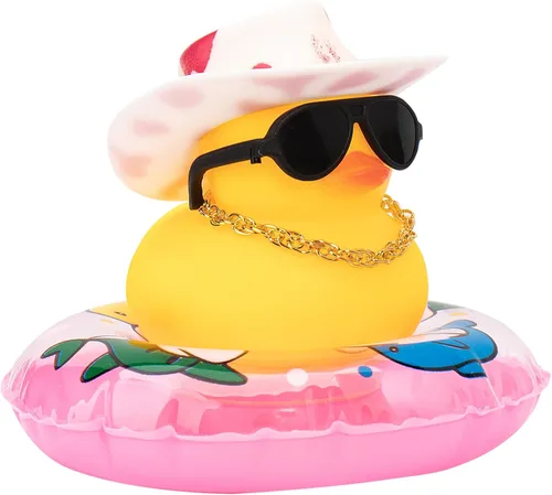 Vista 47 de wonuu Pato de goma para automóvil, decoración de pato amarillo con sombrero para el sol, anillo de natación, collar, gafas de sol para decoración