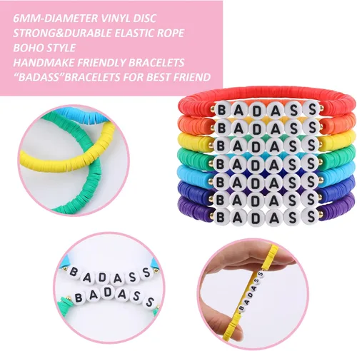 Vista 3 de Juego de pulseras heishi arcoíris estilo surfista para mujer, juego de pulseras apilables de cuentas de arcilla, pulseras elásticas con disco