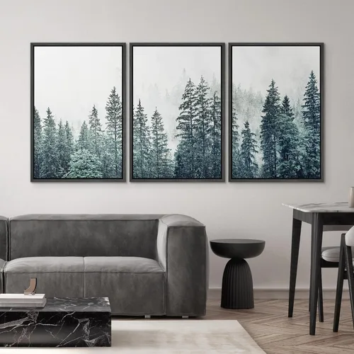 Vista 4 de SIGNWIN - 3 cuadros en lienzo enmarcados, modernos, elegantes, de textura de grano, pinos de montaña con niebla y naturaleza silvestre para sala