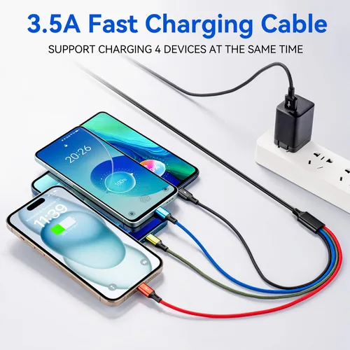 Vista 2 de Cable de carga múltiple 3.5A Cable de cargador múltiple trenzado 4 en 1 Cable USB de carga rápida con puertos IP/tipo C/micro para teléfonos