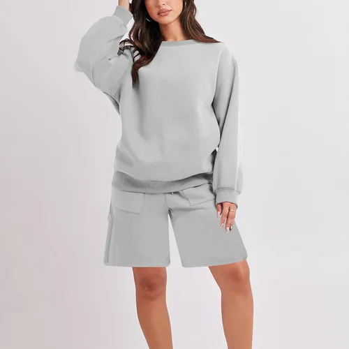 Vista 4 de DOLKFU Womens 2 Piece Outfits Trendy Long Sleeve Crewneck Hoodie Sweatshirt and High Waist Shorts Set Casual Fall Tracksuit