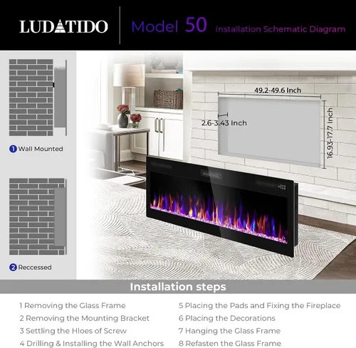 Vista 4 de Ludatido Chimenea eléctrica de 50 pulgadas montada en la pared/empotrada, inserto de chimenea eléctrica con 51000BTU para habitación de 410 pies
