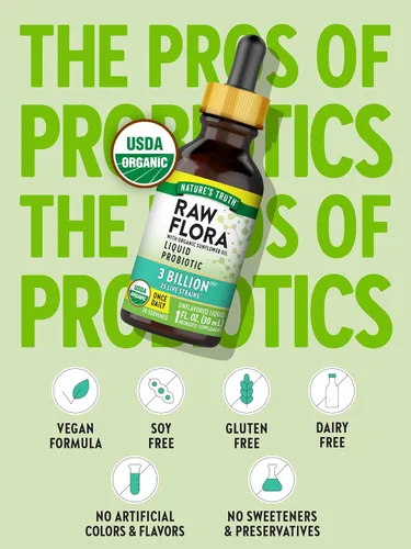 Vista 3 de Nature's Truth Raw Flora USDA Probiótico líquido orgánico Formulado por médicos 25 mil millones de cepas vivas Suplemento vegano y sin gluten