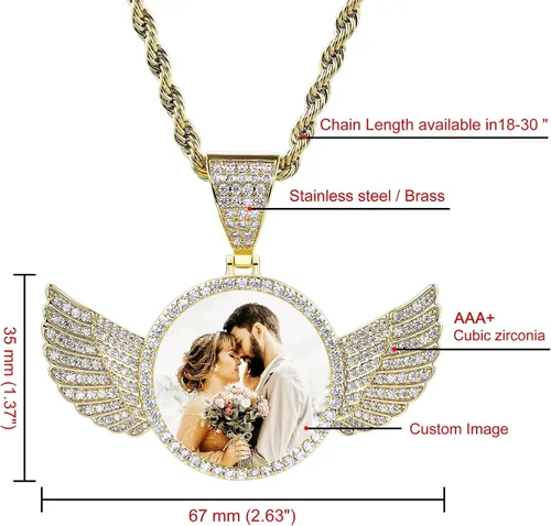 Vista 5 de INBLUE Collar personalizado de hip hop con foto de memoria, texto grabado personalizado para hombres y mujeres, ala de ángel helada de cobre, dije