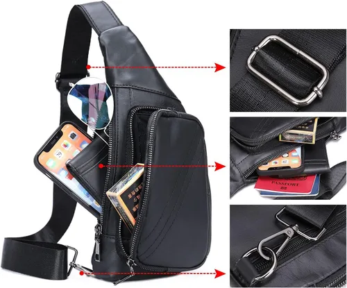 Vista 3 de Bolso bandolera para hombres y mujeres pequeño de cuero auténtico mochila cruzada de un hombro mochila cruzada para senderismo Negro