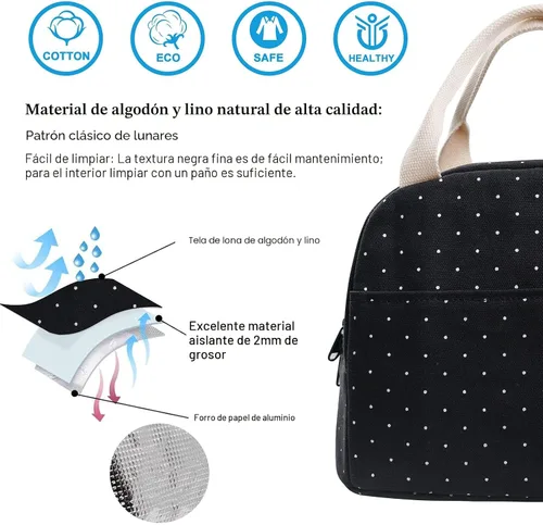 Vista 3 de EurCross Bolsa de almuerzo negra compacta mejorada para niñas y mujeres, de lona, reutilizable, aislada, con lunares, bolsa de almuerzo