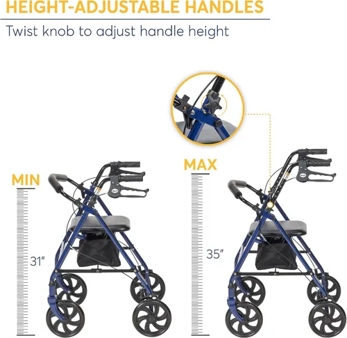 Vista 3 de Drive Medical 10257BL-1 - Andador con ruedas de 4 ruedas con asiento, andador de acero con ruedas, altura ajustable y 10210-1 andador plegable de 2