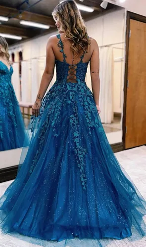 Vista 3 de Vestidos de fiesta de tul con purpurina para mujer, apliques de encaje, gwons de bola larga con tirantes delgados, vestidos de noche en línea A 2023