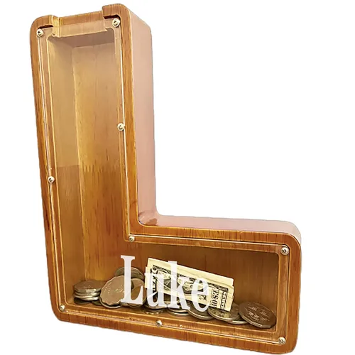 Vista 2 de Alcancía grande personalizada de madera con letras, hucha de monedas, alcancía personalizada con nombre, puede ser utilizada como regalo de Navidad
