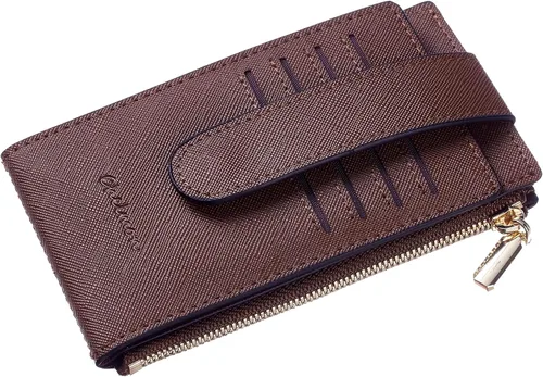 Vista 5 de Chelmon Billetera delgada para mujer, con bloqueo RFID, plegable, con bolsillo con cremallera, Marrón intenso, Minimalista