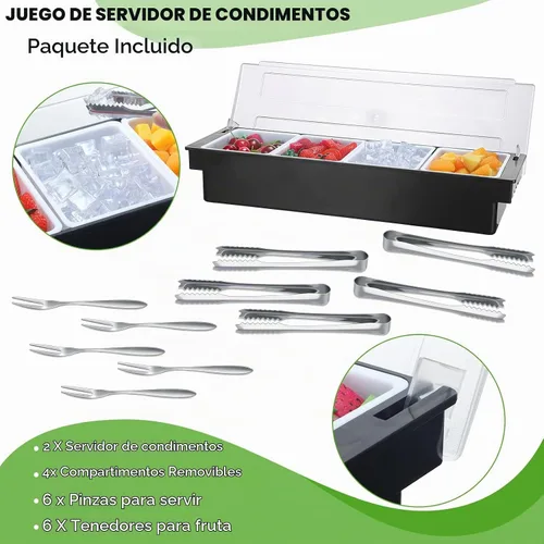 Vista 3 de Bandeja para decorar frutas con tapa, pinzas y tenedores, 4 compartimentos Chilled Condiment Container for Bartender, Removable Compartments Keep