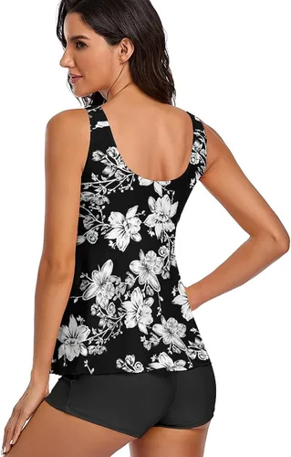 Vista 3 de Trajes de baño tankini modestos para mujer, trajes de baño de dos piezas, estampado floral, camiseta sin mangas con pantalones cortos