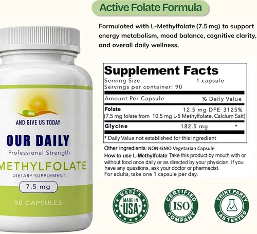 Vista 3 de Our Daily Vites, L Metilfolato 7.5 mg – Suplemento activo de folato metilado 5-MTHF para mujeres y hombres – Folato de metilo para la salud