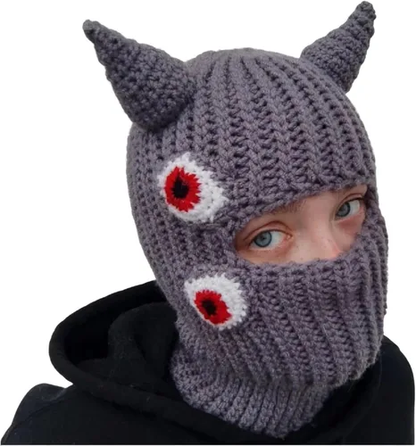 Vista 2 de Gorro de punto Y2k con cuerno de diablo y oreja de conejo largo, máscara de esquí, pasamontañas, accesorios para grunge