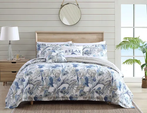 Vista 2 de Tommy Bahama Juego de edredón tamaño Queen, ropa de cama de algodón con fundas a juego y falda de cama, funda europea, azul (Queen)