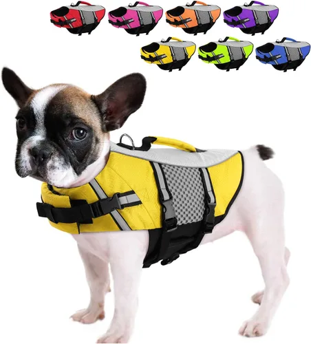 Vista 8 de Chaleco salvavidas para perros, chaleco de natación, ligero, altamente reflectante, para mascotas, con asa de elevación y anillo para correa