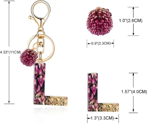 Vista 2 de Llavero con letra inicial del alfabeto para mujeres y niñas, diseño de gomphrena globosa secas, llavero para bolso y bolso