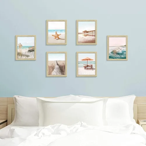 Vista 5 de Juego de 6 impresiones costeras para pared, diseño estético junto al mar, estrellas de mar, arena, paseo marítimo, olas del océano, pósteres
