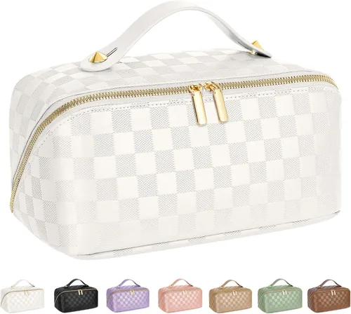 Vista 23 de Bolsa de cosméticos de viaje de gran capacidad - Bolsas de maquillaje portátiles para mujeres, impermeable, de cuero PU a cuadros, con organizador