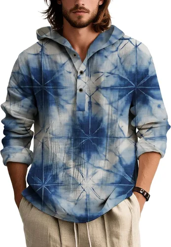 Vista 15 de Camisas de manga larga con estampado de teñido anudado para hombre, sudadera con capucha de 3 botones, sudadera retro cómoda con capucha
