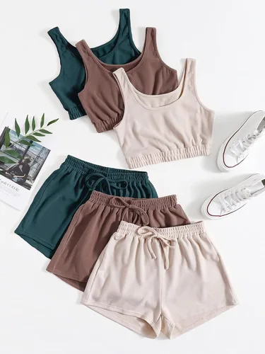 Vista 2 de SheIn Conjunto de 6 piezas para mujer, camiseta corta sin mangas y pantalones cortos con cintura elástica