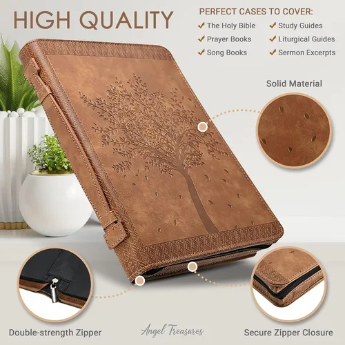 Vista 3 de Funda para Biblia con diseño de árbol de la vida grabado, funda protectora de piel sintética auténtica con asa, cremallera, bolsillos y ranuras