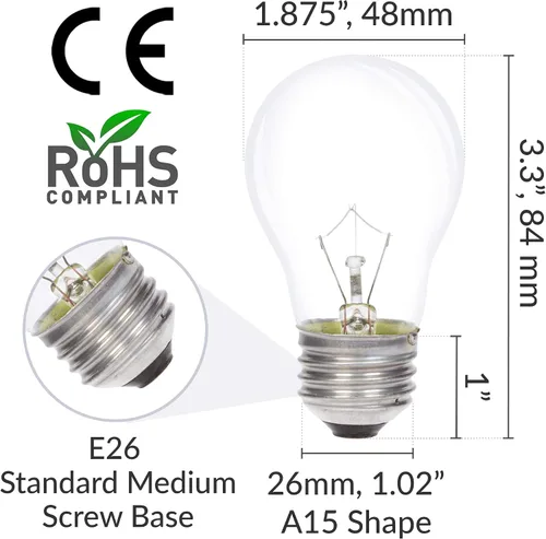 Vista 3 de Simba Lighting Bombilla de electrodoméstico A15 de 25 W (paquete de 6) incandescente de forma mini estándar con base de tornillo mediano estándar