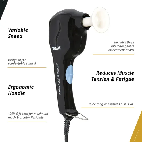 Vista 3 de Masajeador profesional Wahl N.°4120-1701, potente, ligero y silencioso, para masajes profesionales, incluye 3 cabezales intercambiables