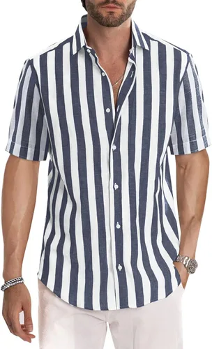 Vista 201 de JMIERR Camisas de vestir a rayas con botones y manga corta para hombre