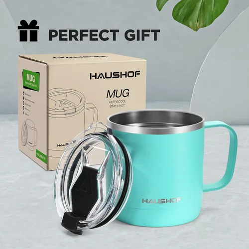 Vista 7 de HAUSHOF Taza de café de 14 onzas, taza de café aislada con asa, taza de viaje para camping, taza de café portátil de acero inoxidable, tazas de café