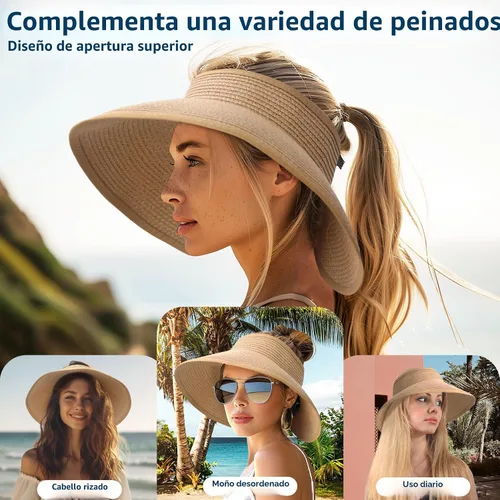 Vista 4 de NPJY Sun Hats for Women Wide Brim Roll-Up Ponytail Packable Straw Visor Blanco