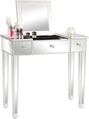 Vista 16 de Moderna mesa de consola plateada con espejo con 2 cajones de almacenamiento, escritorio rectangular de tocador, mesa de tocador de maquillaje