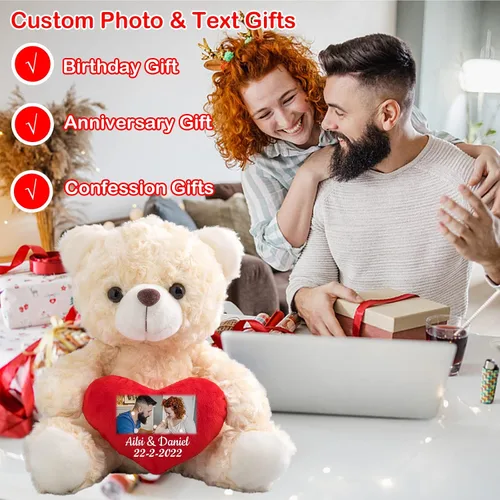 Vista 5 de Oso de peluche personalizado, oso de peluche con imagen de texto personalizada como regalo personalizado para novia, novio, 8 pulgadas