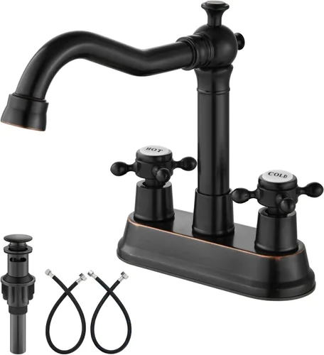 Vista 22 de Aolemi Juego central de 4 pulgadas, grifo vintage para lavabo de baño, 2 manijas cruzadas, lavabo para lavabo, 3 agujeros, incluye mangueras, grifo
