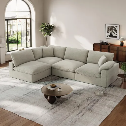 Vista 23 de Sofá modular Cloud para sala de estar, sofás de mezcla de lino en forma de L, modernos sofás de nube de asiento profundo, sofás seccionales Beige