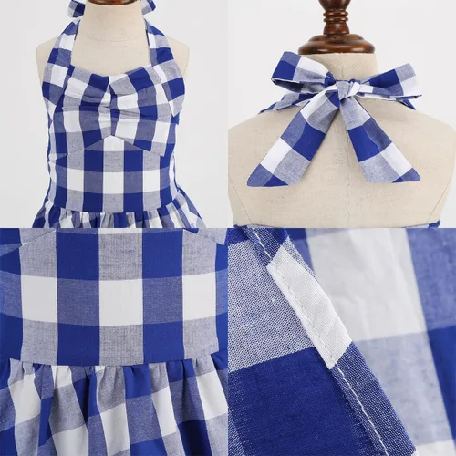 Vista 5 de Vestido vintage para niñas pequeñas, a cuadros, cuello halter, acampanado, vestido retro de cóctel, vestido de noche, disfraces de graduación