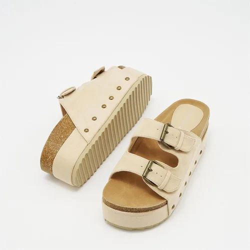 Vista 5 de Women's Cork Footbed Slides Dual Buckled Straps Platform Clogs Suede Slip-on Flatform Sandals Comfort Slippers