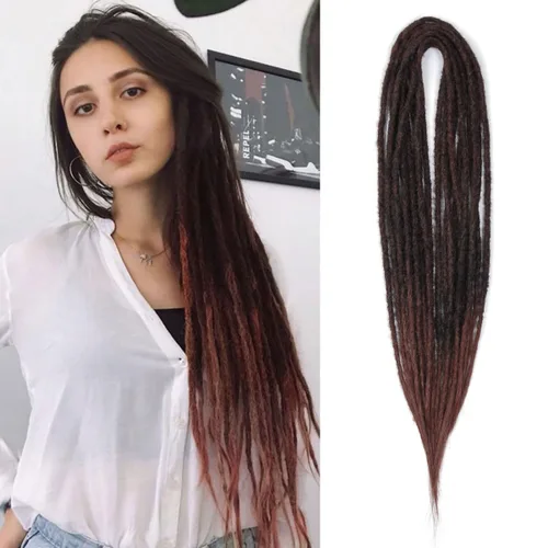 Vista 33 de Extensiones de rastas trenzadas bohemias de 24 pulgadas, 10 hebras de rastas sintéticas rizadas color marrón degradado con trenza de caja, rastas