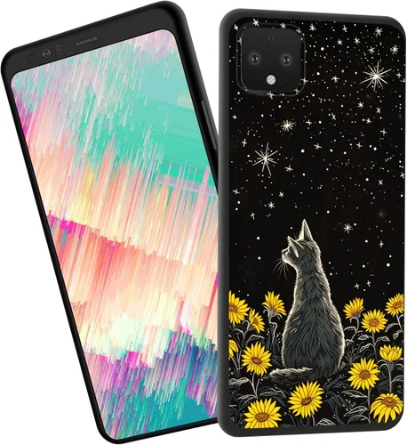 Vista 124 de Funda delgada para Google Pixel 4 XL, funda delgada de silicona de TPU suave a prueba de golpes para Google Pixel 4 XL, gato negro luna estrellada