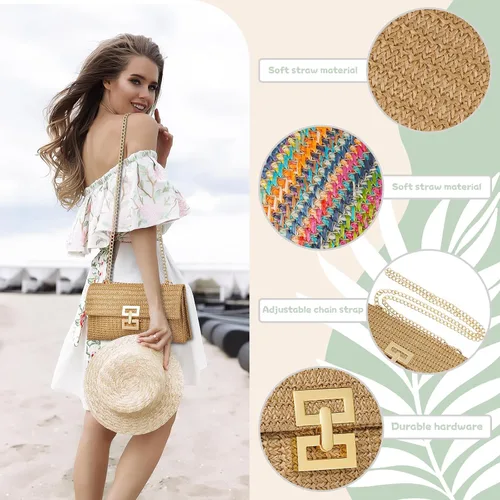 Vista 4 de Bolso de mano de paja para mujer, bolso de noche de diseñador para verano, playa, bolso cruzado Straw, Purse, Designer, Evening, Summer, Beach