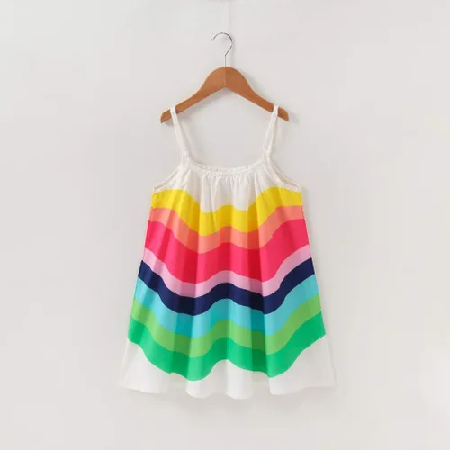Vista 3 de Vestido de verano para niña pequeña, con correa de rayas de arco iris, falda de sol para playa