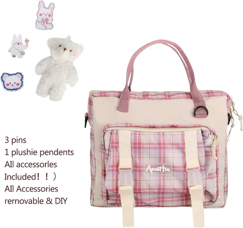 Vista 5 de Mochila Kawaii con alfiler de felpa de oso, mochila estética japonesa para la escuela, mochila de regreso a clases