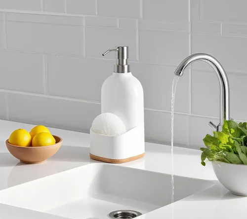 Vista 4 de Clasin Home Dispensador de jabón de cocina con soporte para esponja, dispensador de jabón acrílico recargable de 17 onzas para fregadero de cocina
