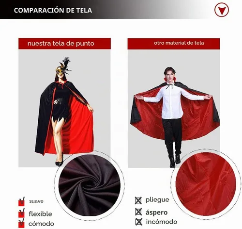 Vista 4 de Capa de vampiro de Halloween, capa reversible de 55 pulgadas con dientes y orejas de vampiro, disfraz de mago de doble capa para mujeres y hombres