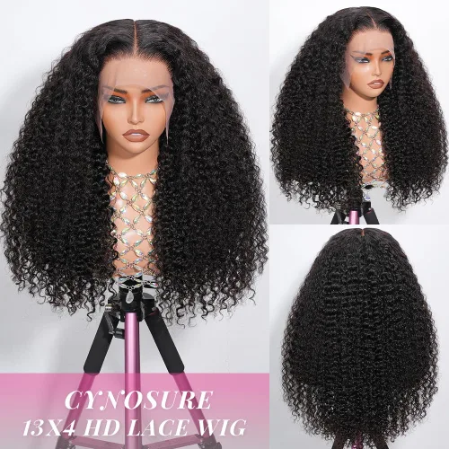 Vista 2 de CYNOSURE Pelucas de encaje frontal 13x4 de cabello humano prearrancado, densidad del 180%, brasileña rizada con encaje frontal, peluca con cabello
