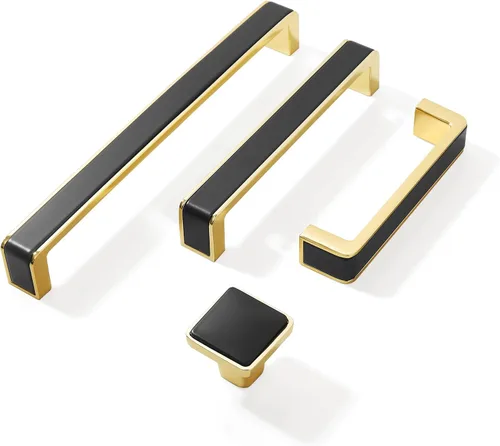 Vista 5 de Paquete de 2 manijas de gabinete de cocina, tiradores de gabinete negro mate y dorado, pomos modernos para cajones de tocador para baño, dormitorio